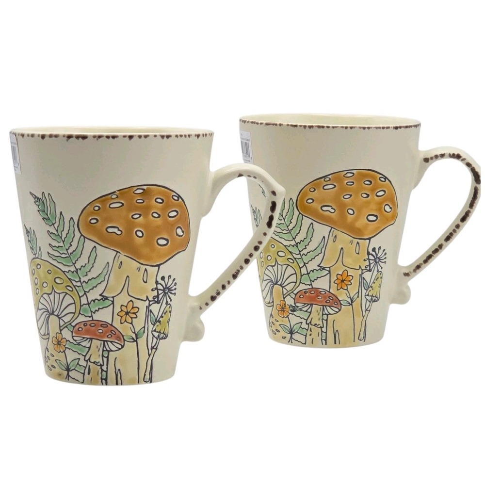 Spectrum Embossed Mushroom Coffee Mug 16oz Set of 2 Hand Painted Cottagecore